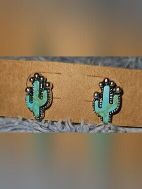Turquoise Cactus With Silver-Tone Stud Earrings -